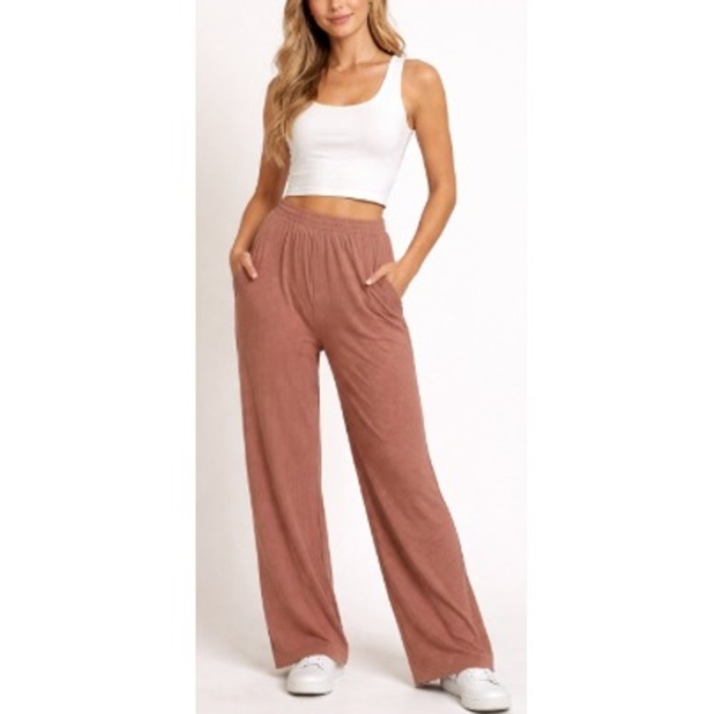 FARES Women's Brown Cinnamon Ribbed Velour Knit Wide Leg Pants Size XL NWT